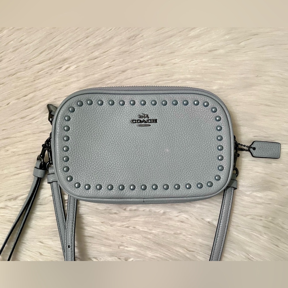 Coach Powder Blue Pebbled Leather Sadie Crossbody Clutch - Picture 2 of 10